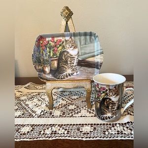 Ceramic Cat Mug with Matching Tray
